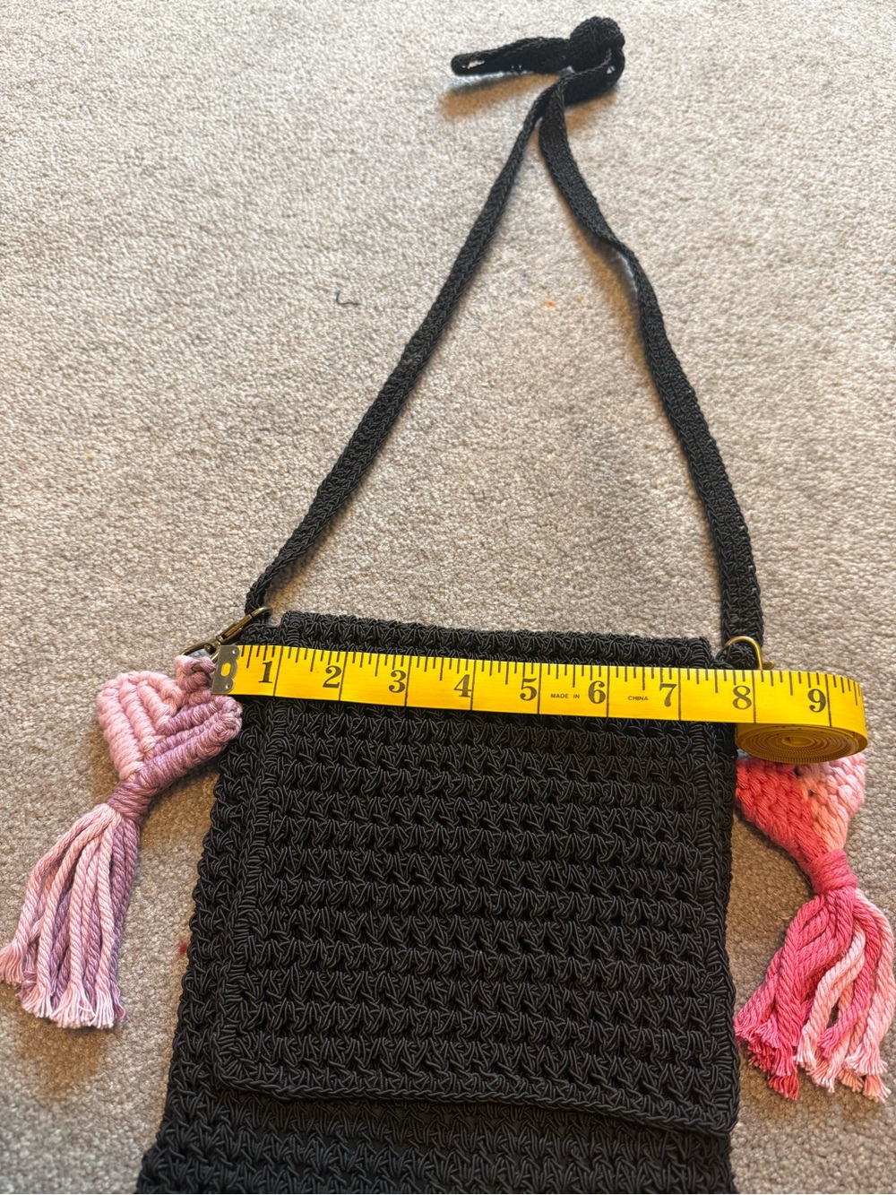 Black Crochet Crossbody Bag with Pink & Lavender Tassels - Picture 8 of 8